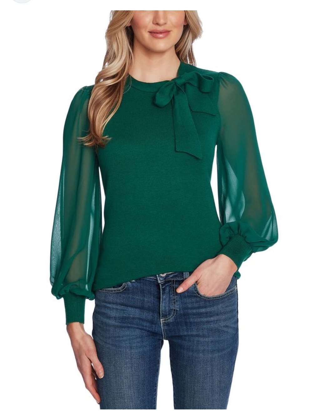 CeCe Alpine Green Bow-Accent Sheer Sleeve Sweater